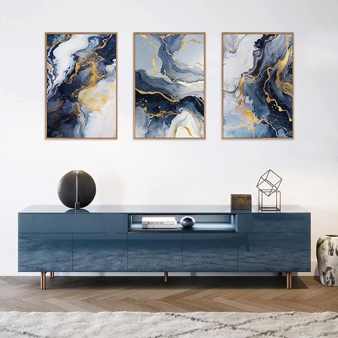 Celestdeco Blue Abstract Framed Canvas Wall Art Set, Blue Golden Aesthetic Wall Decor, Navy Blue Gold Wall Painting, Neutral Modern Art Print for Living Room, Bedroom, Dining Room, Office 24"x36"x3