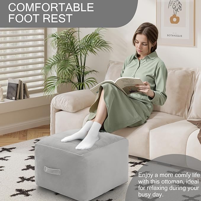 MeMoreCool Square Stuffed Pouf Ottoman Foot Rest, Floor Pouf Foot Stool with Foam Chunk Filling, Soft Stuffed Ottoman Footrest for Living Room, Light Grey