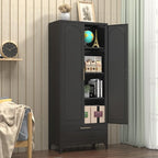 Black Pantry Kitchen Cabinet with Drawer, 75 Inch Metal Storage Cabinet with Doors and Shelves, Steel Food Pantries, Large Freestanding Cupboard for Living&Dining Room-Assemble Required