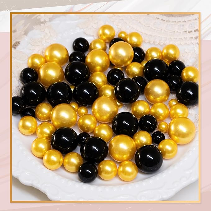 300Pcs Vase Filler Black and Golden Yellow No Hole Faux Pearl Beads for Vase Filling Decorations, Candle Centerpieces, Wedding Centerpieces, Home Party Decor (8/14/20mm)