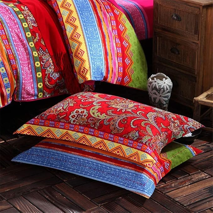 ABREEZE Bohemian Duvet Cover Set Colorful Red Boho Retro Bedding Set Damask Paisley Cotton Duvet Cover Tribal Reversible Bedding Exotic Style Comforter Cover 3-Piece King