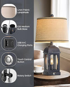 QiMH Table Lamp for Living Room, Farmhouse Lamps with USB A+C and Nightlight, 26" Rustic Bedside Lamps with 3-Way Dimmable Touch Control, Nightstand Lamp for Bedroom, Shabby Grey, 1 Pack