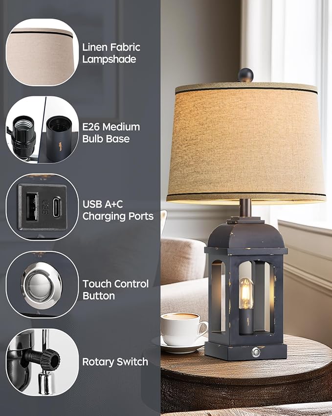 QiMH Table Lamp for Living Room, Farmhouse Lamps with USB A+C and Nightlight, 26" Rustic Bedside Lamps with 3-Way Dimmable Touch Control, Nightstand Lamp for Bedroom, Shabby Grey, 1 Pack