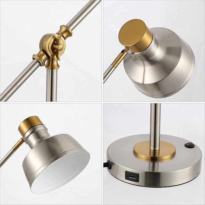 JONATHAN Y JYL7124B Allegra 18.5" Adjustable Cantilever LED Task Lamp, USB Charging Port, Classic, Coastal, Industrial, Farmhouse, Traditional for Bedroom, Living Room, Office, Nickel/Brass Gold