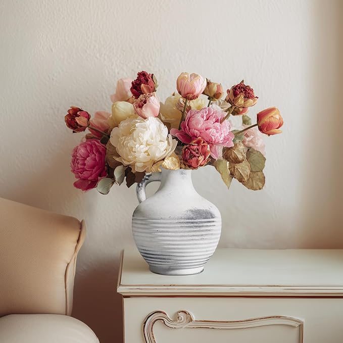 Rustic Farmhouse Vase, Ceramic Terracotta Vase with Handle, 6 inch Pottery Decorative Flower Vases for Home Decor, Table, Living Room, Bathroom, Shelf, Mantel Decor Grey