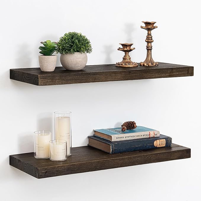 Floating Shelves, 8" Deep Rustic Solid Elm Wood Wall Mounted Floating Shelves, Wall Shelves with Invisible Bracket for Living Room Bathroom Bedroom Kitchen, 24 Inch Set of 2, Walnut