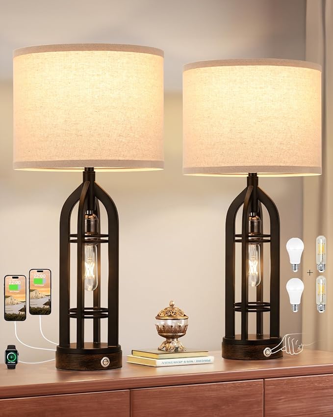 Seealle Table Lamps for Living Room Set of 2 - Black Bedside Lamp for Bedroom with USB C+A & Outlet, Farmhouse Lamps for Night Stands, 3-Way Dimmable Touch Lamps for Living Room with Oat Shade