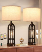 Seealle Table Lamps for Living Room Set of 2 - Black Bedside Lamp for Bedroom with USB C+A & Outlet, Farmhouse Lamps for Night Stands, 3-Way Dimmable Touch Lamps for Living Room with Oat Shade