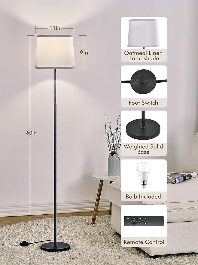 60" Modern Floor Lamp for Living Room Bedroom, Standing Lamp with White Linen Lampshade, Remote and Foot Switch, Tall Lamp with A19 9W 3000K-6000K Color Temperature 10%-100% Brightness Dimmable Bulb