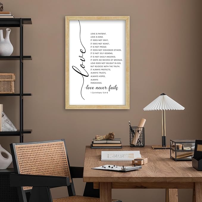 FZMHASLWW Love Is Patient Kind Wall Decor 16"×11" Love Never Fails 1 Corinthians 13 Bible Verse Sign Wood Framed Wall Hanging Art (Wood)