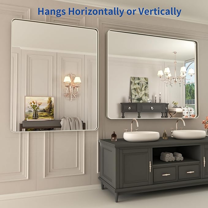 WEER 40X32 Inch Brushed Nickel Bathroom Mirror, Brushed Silver Metal Frame Mirror, Rounded Rectangle Silver Bathroom Vanity Mirror, Tempered Glass, Anti-Rust, Hangs Horizontally or Vertically