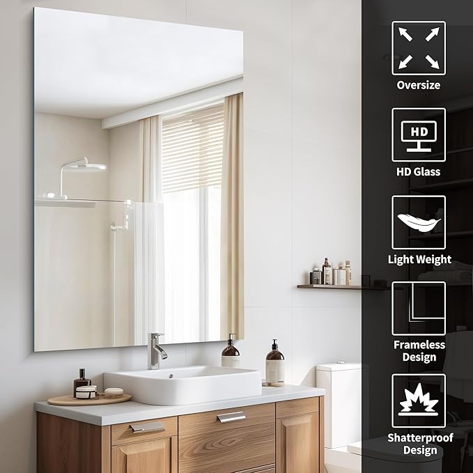 Large Frameless Mirror, 55x36 Frameless Bathroom Mirrors for Over Sink, Upgraded Shatterproof Rectangular Wall Mirror for Bathroom,Bedroom,Living Room and Entryway