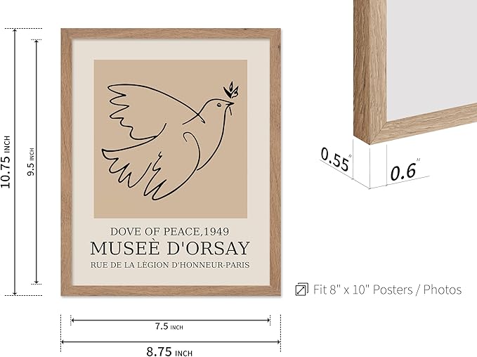 Poster Master Vintage Poster - Retro Minimalist Print - Gift for Artist, Friend - Dove Of Peace, Line Drawing, Sketch, Abstract - Wall Decor for Living Room, Bedroom, 8x10 Beige Framed