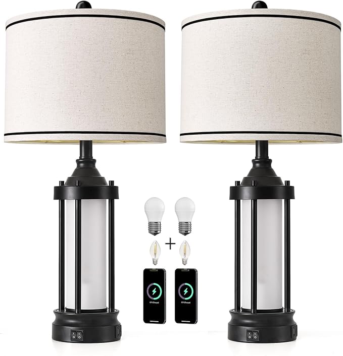 25'' Table Lamps for Bedroom Living Room Lamps Set of 2 Farmhouse Nightstand Bedside Lamps with USB Ports, Built-In Frosted Glass Night Light Industrial Metal Night Stand Lamp, Bulbs Included, Black