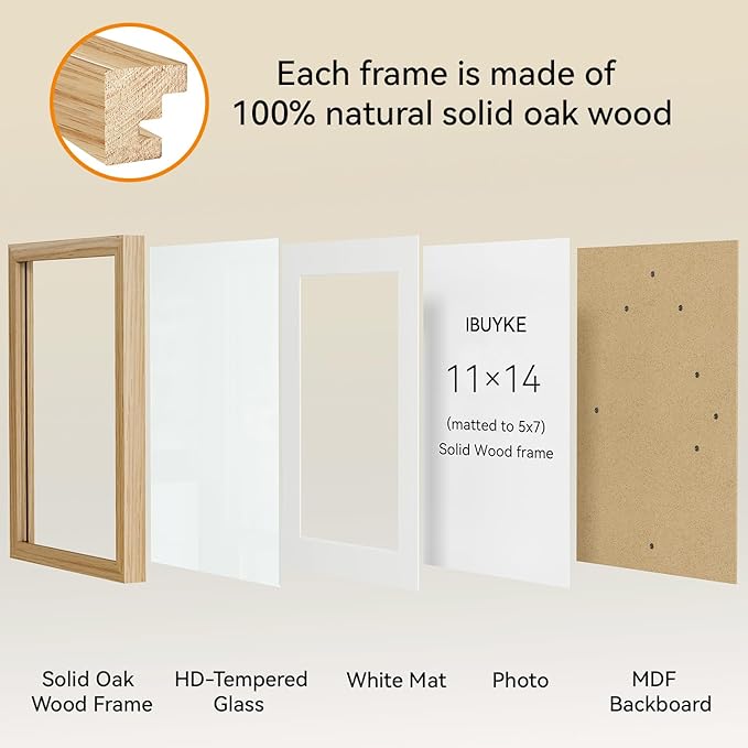 IBUYKE 11 x14 Picture Frame,Set of 3,Solid Oak Wood 11x14 Photo Frame with Mat to 8x10,11x14 Picture Frames With Tempered Glass,Wall Mount Display,Home Decor,Natural Oak 14 x 11 Frame,UWPF1114N-3