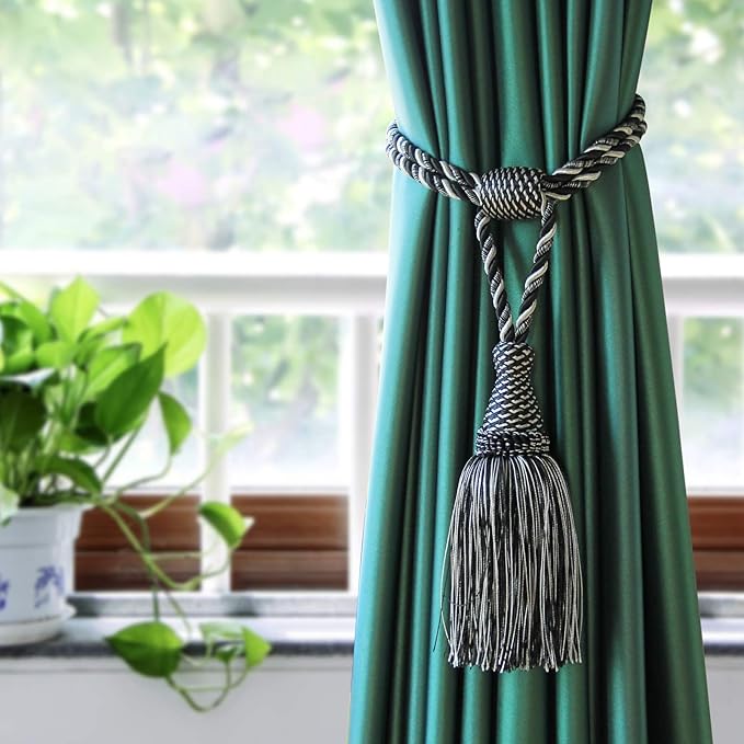 Fenghuangwu Curtain Tiebacks Handmade Elegant Curtain Tie Backs Holdbacks with Tassel for Home Office Decor 2 Pack - Black