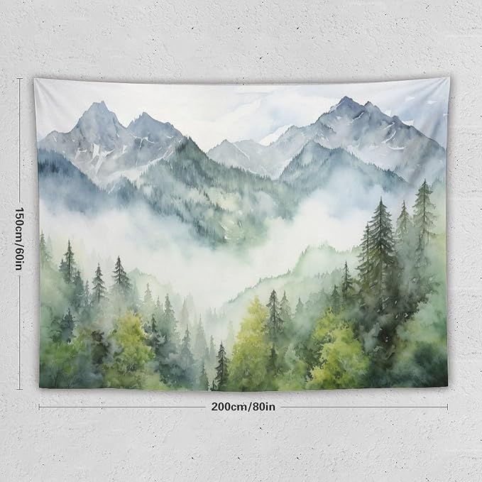 HZOHNAGO Mountain Tapestry Misty Green Forest Mountain Pattern Printed Wall Tapestry Wall Hanging for Bedroom Living Room Dorm 80" W x 60" H