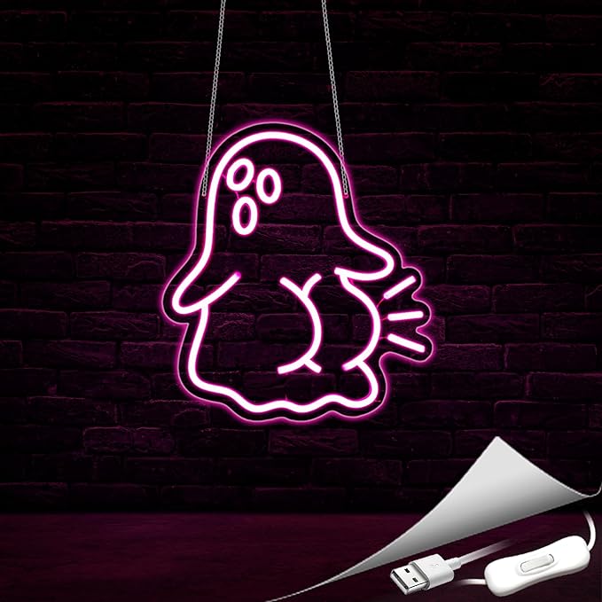 Ghost Neon Sign, Neon Signs for Wall Decor Neon Pink LED Signs Room Neon Light Up Signs Home Decor for Bedroom Club Party Bar Shop USB Operated
