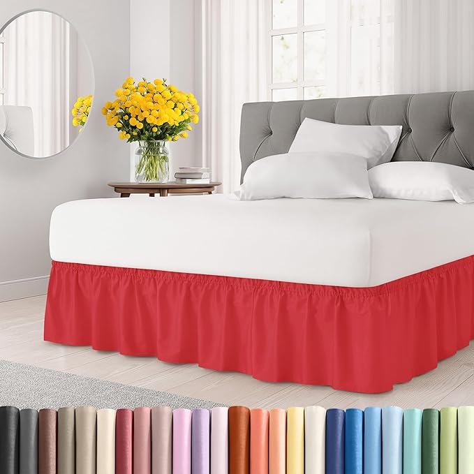 Wrap Around Dust Ruffle Bed Skirt - Red - for Queen Size Beds with 15 Inch Drop - Easy Fit Elastic Strap - Adjustable Pleated Bedskirt w/Brushed Fabric - Wrinkle Free - for Women, Men, Kids & Teens