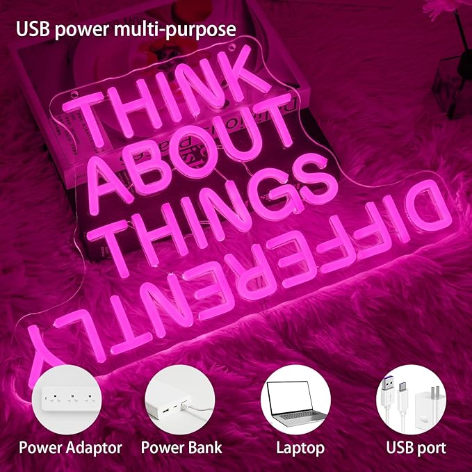 Think About Things Differently Neon Sign, Dimmable Office Neon Light, Pink Letter LED Light Up Sign for Classroom, Bedroom, Office, Study Room, Library Decoration