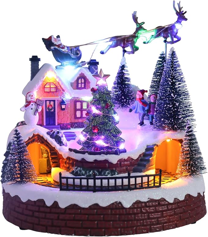 Bdor Christmas Village Tabletop Decoration with Rotating Train, Music and Lights – Lighted Christmas Scene with Santa Sleigh, Tree, and Kids – Battery or Plug Powered