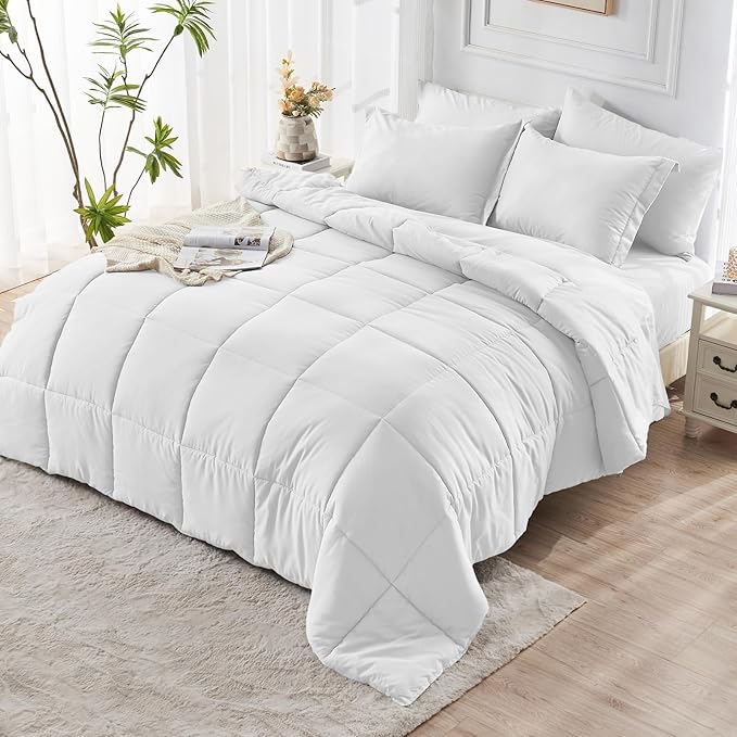 JOLLYVOGUE King Comforter Set, Ultra-Soft Bed in a Bag King Size 7 Pieces, Oeko-TEX Certified Bedding Set with Down Alternative Comforter, Sheets, Pillowcases & Shams, White