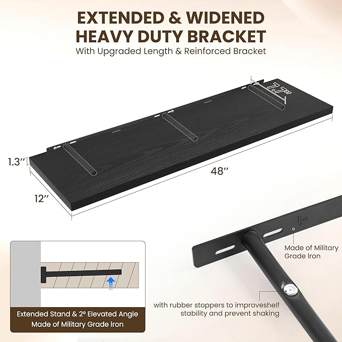 Dreamland 48" Floating Shelves for Wall, 12" Deep Slim Black Floating Shelves, Wall-Mounted Shelves for Bedroom, Living Room, Kitchen, Bathroom - Set of 2