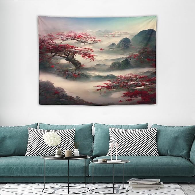 Houselerax Japanese Tapestry, Red Plum Cherry Blossom Mountain Tapestries, Asian Japanese Wall Decor, Nature Landscape Tapestries for Bedroom Living Room Decor 40"x30"