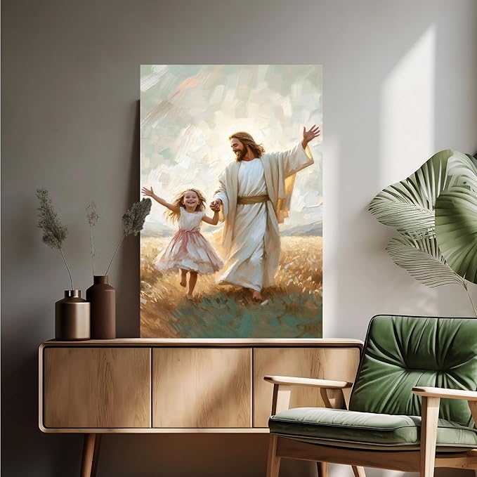 XWNLTEPK Dancing Day Christian Painting Jesus With Girl Christian Wall Art Bible Jesus Dancing With Little Girl Print Canvas Wall Art Poster