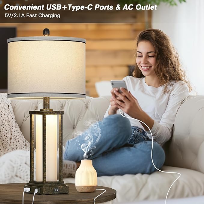 27in Tall Farmhouse Table Lamp with USB C+A & Outlet,Bronze Industrial End Table Lamp for Living Room,Vintage Rustic Bedside Lamp with Night Light for Bedroom Nightstand,Single Bronze