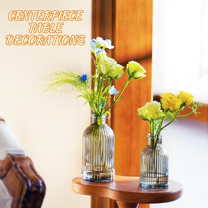 Bud Vases Set of 12, Black Vase Small Glass Vases for Flowers Modern Ribbed Amber Glass Bud Vase for Decor Flower Vase in Bulk Vintage Decor Boho Wedding Centerpieces Rustic Home Table Decoration
