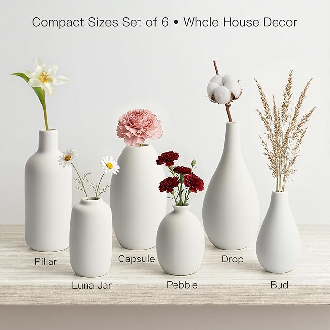 BEAHOT Ceramic Vases Set of 6, White Contemporary Decorative Flower Vases, Modern Design for Living Room