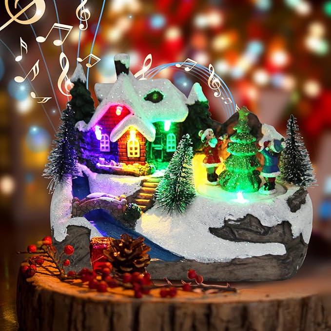 Christmas Decorations Village House Resin Collectible Building Figurines Revolving Tree Musical Snow Globe 8 Music for Vintage Christmas Decor (Christmas Tree)