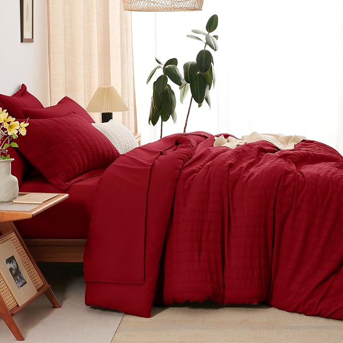 CozyLux Queen Comforter Set Dark Red Seersucker 7 Pieces Bed in a Bag Queen Comforter Set with Sheets, Luxury Soft Bedding Set with Down Alternative Comforter, Sheets, Pillowcases & Shams All Seasons