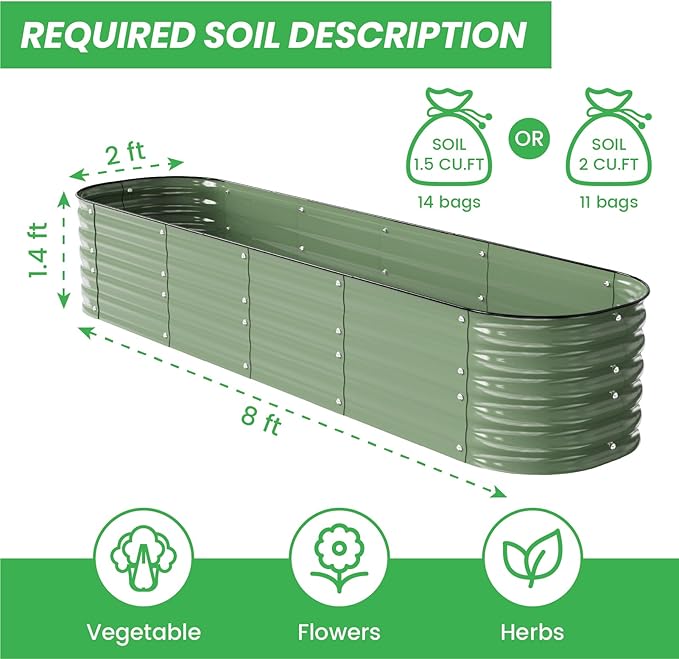 Raised Garden Bed Kit 8×2×1.4 FT Magnesium-Aluminum-Zinc Stainless Steel Metal Planter Box for Planting Outdoor Plants Vegetables（Light Green）