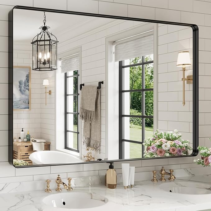 WEER Black Bathroom Mirror for Wall, 60X40 Inch Matte Black Mirror, Rectangular Black Metal Framed Vanity Mirror with Tempered Glass, Rounded Corner, Anti-Rust (Horizontal/Vertical)