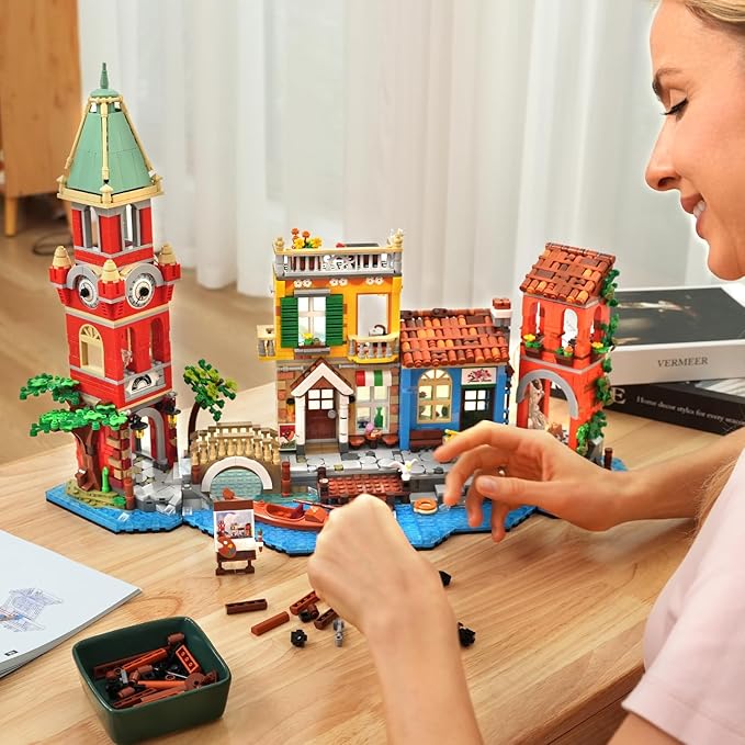 Venice Main Street Building Set for Adults, 2155 PCS City Riverside House Building Block Kit with Light Flower Shop Pizzeria, Home Decor Architecture Brick Model Women Men Teen Girl 12+