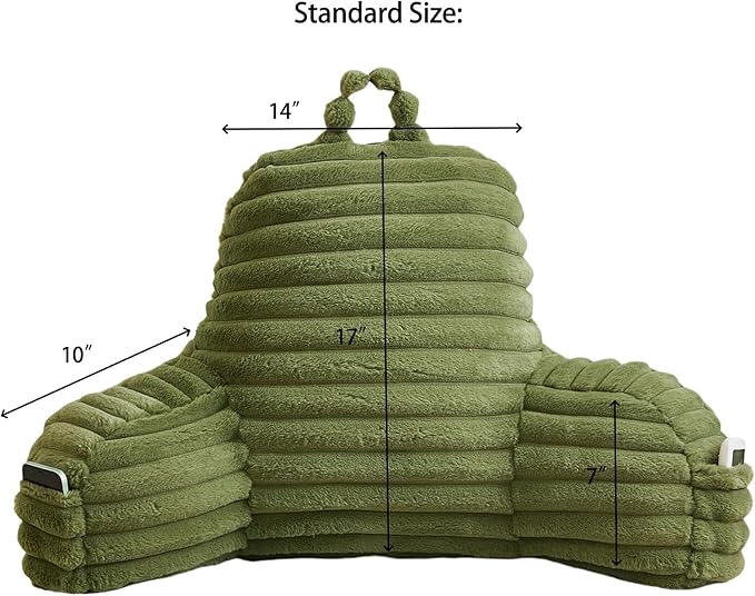 Faux Fur Fluffy Sage Reading Pillow with Pockets, Luxury Striped Plush Decorative, Arm Rests and Back Surport for Bed Rest, Lounging on sofa, Standard