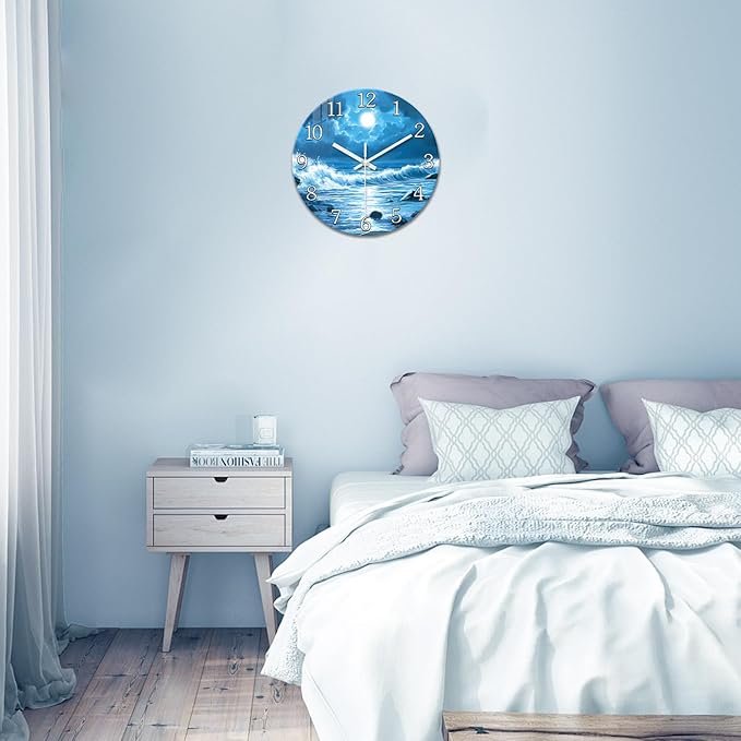 XFM Blue Wall Clock Battery Operated 14 Inch Silent Non-Ticking Glass Clocks Moon Ocean Wave Round Clocks for Kitchen Bedroom Bathroom Decor