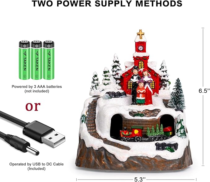 Animated Musical Christmas Village Figurines Christmas Collectibles Statues Church Building and Carolers with Rotating Train LED Lights, Battery & USB Home Decor Gifts Festive Holiday Decorations