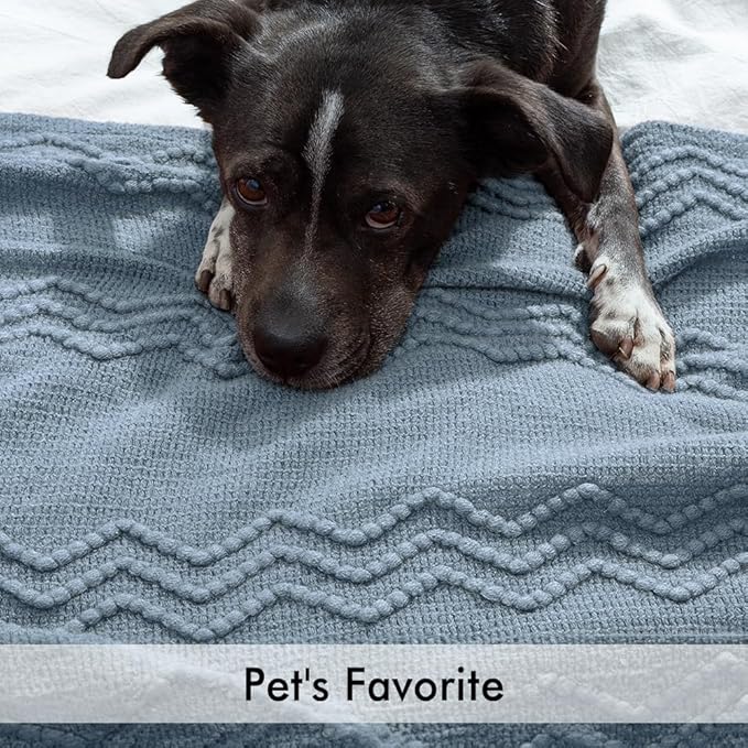 MIULEE Dusty Blue Cozy Knitted Throw Blanket for Couch Textured Knit Blanket with Tassels Woven Acrylic Wave Pattern Boho Blankets for Sofa Bed Chair 50"x60"