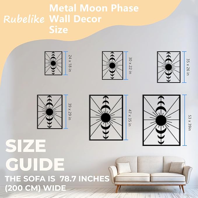 Metal Moon Phase Wall Decor - Sun and Moon Outdoor Wall Art, Set of Moons Artwork for Bedroom, Living Room, Office (Silver, 24x18in|62x46cm)