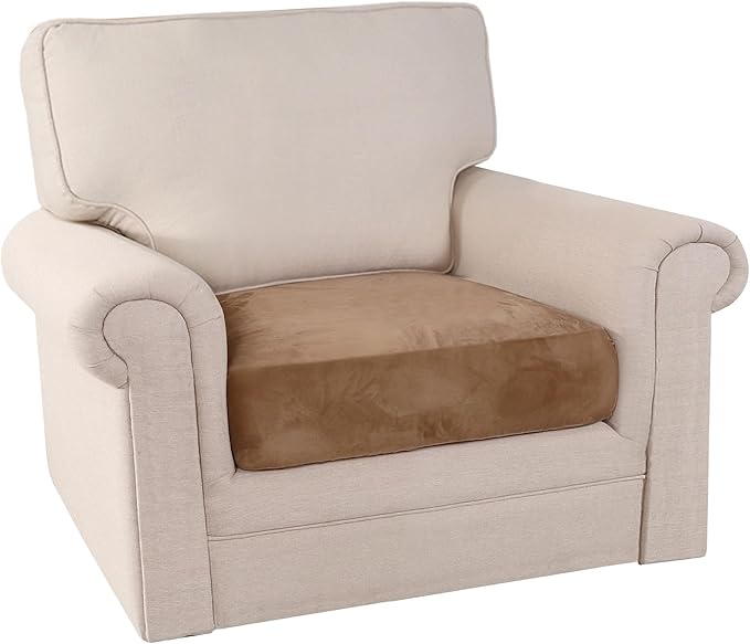 PrinceDeco Stretch Velvet Couch Cushion Cover,Soft Cushion Slipcover for Chair Cushion Furniture Protector Seat Cushion Sofa Cover Width Up to 29.5", Camel