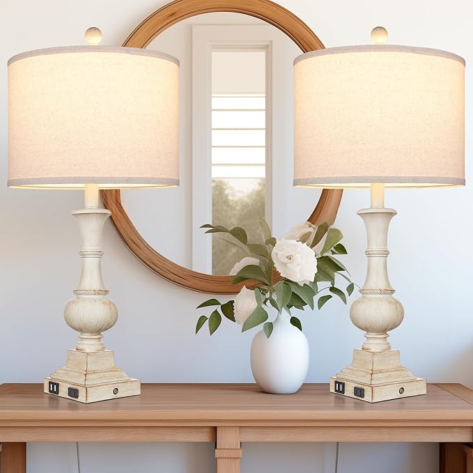 26" Farmhouse Table Lamps, Table Lamps for Living Room Set of 2 with USB A+C Ports & AC Outlet, Vintage Rustic Touch Control 3-Way Dimmable Boho Nightstand Lamp White Washed Resin for Bedroom Deocr