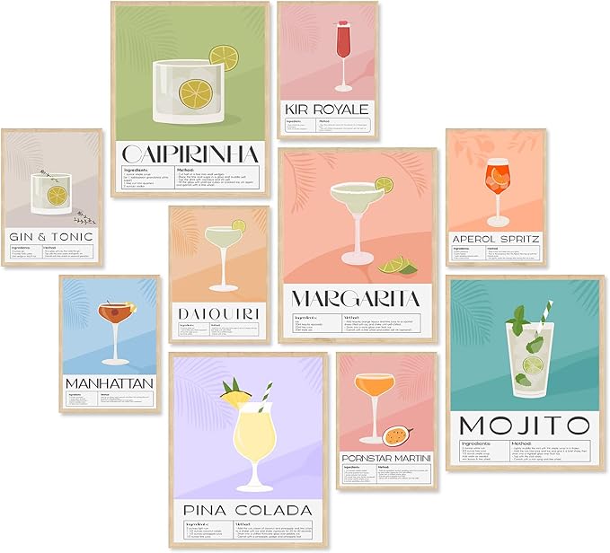 KBKBART Vintage Cocktail Poster Set of 10, Retro Bar Cart Accessories, Colorful Cocktail Wall Art, Funky Drink Aesthetic Pictures for Bar Cart Decor, Preppy Bar Art Prints for College Dorm Apartment - Unframed