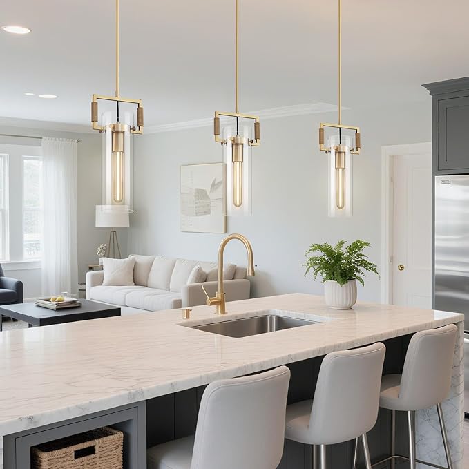 Modern Brass Island Pendant Lights 2 Pack,12'' Glass Light Pendant,Gold Kitchen Island Pendant Light Fixtures,Farmhouses Pendant Light, for Kitchen,Dining Room,Bathroom,Bulbs Included