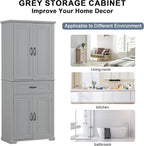 72.2" Tall Storage Cabinet with 4 Doors and Drawer, Freestanding Linen Cabinet, Wooden Pantry with Adjustable Shelf for Kitchen, Bathroom, Living Room, Grey