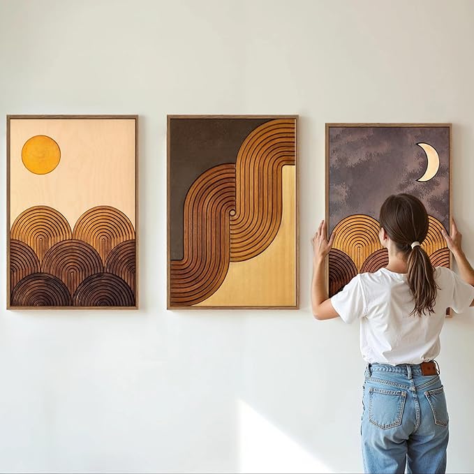 Tinonedraw Mid Century Modern Framed Canvas Wall Art Set, Boho Minimalist Geometric Wall Decor, Bohemian Sun and Moon Art Paintings, Beige Brown Wooden Artwork for Living Room Bedroom Office 24"x36"x3