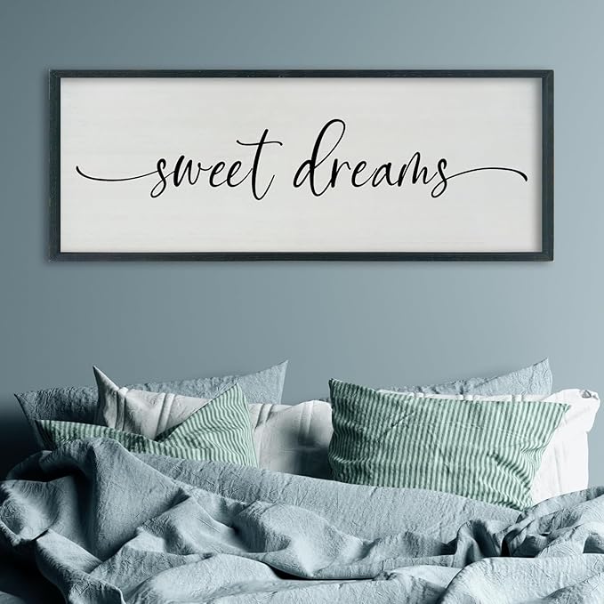 SRSZHIYUE Sweet Dreams Above Bed Wall Decor, 40"x15" Large Rustic Master Bedroom Over Bed Sign Guest Room Couples Wood Framed Farmhouse Horizontal Hanging Decoration (Black)