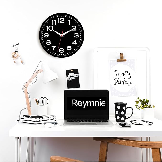Wall Clock Silent Non-Ticking Modern Clock Battery Operated 8 Inch Small Classic Analog Decorative for Kitchen, Living Room, Office, Bedroom, Bathroom (Black Black)